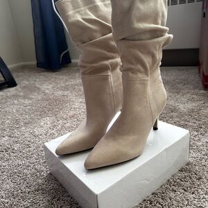 Cream Heeled Boots with Pointed Toe and High Stiletto Heel